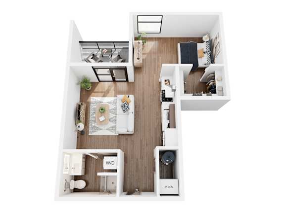 A top-down view of a modern, minimalist apartment with a kitchen, living room, and bathroom.