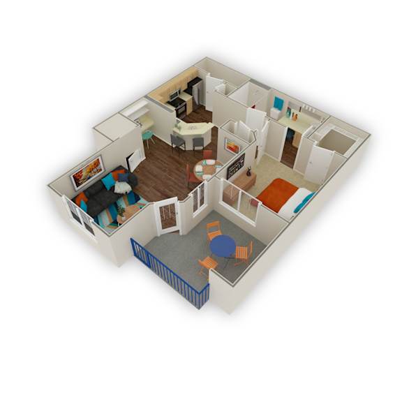 A 3D floor plan of a house with a living room, kitchen, dining room, and bedrooms.