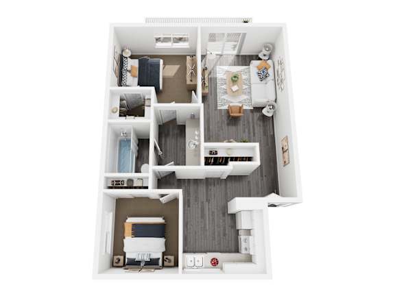 A top down view of a small apartment with a kitchen, living room, and bedroom.