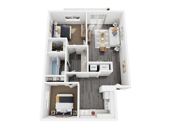 A top down view of a small apartment with a kitchen, living room, and bathroom.