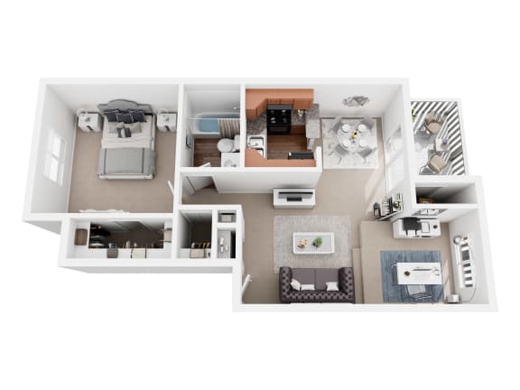 a stylized floor plan with a bedroom and a living room