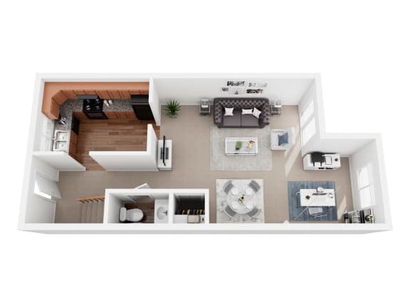 a 1 bedroom floorplan with a bathroom and a living room