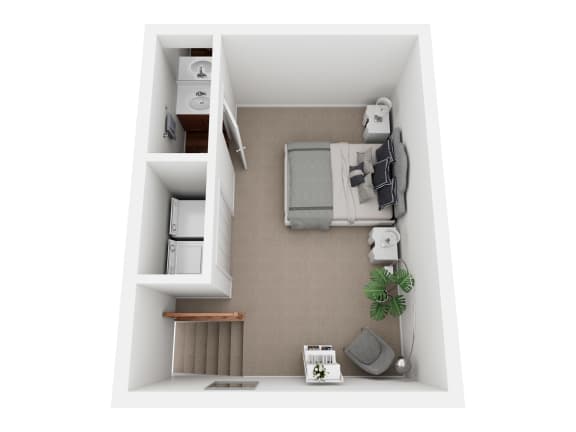a stylized floor plan with a bedroom and a living room