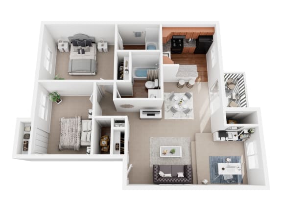 a stylized floor plan with a bedroom and a living room