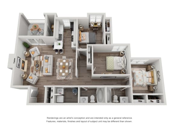 a bedroom floor plan is shown with the furniture moved to the side of the room at The Madison at Adams Farm, Greensboro North Carolina