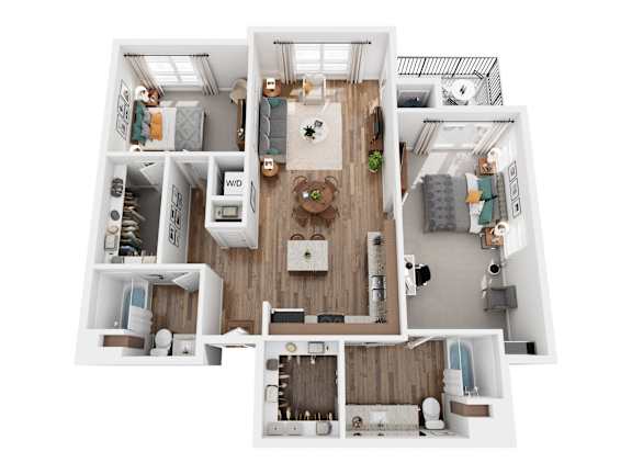 A top-down view of a small apartment with a kitchen, living room, and bedroom.