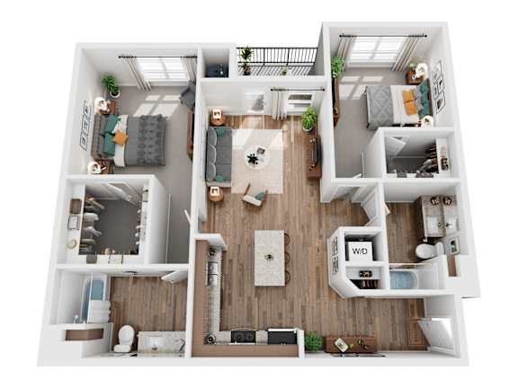 A top-down view of a small apartment with a living room, kitchen, and bedroom.