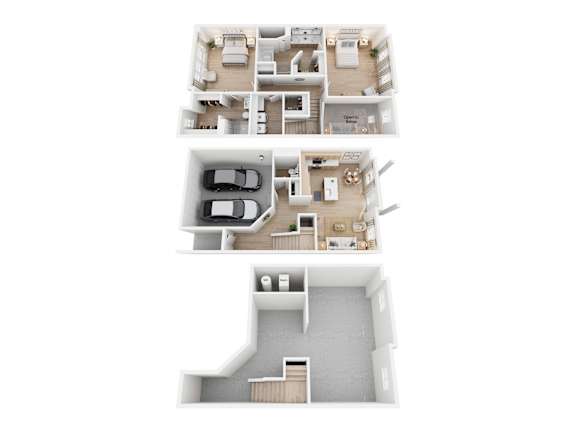 A top-down view of a house layout with a garage and a separate entrance.