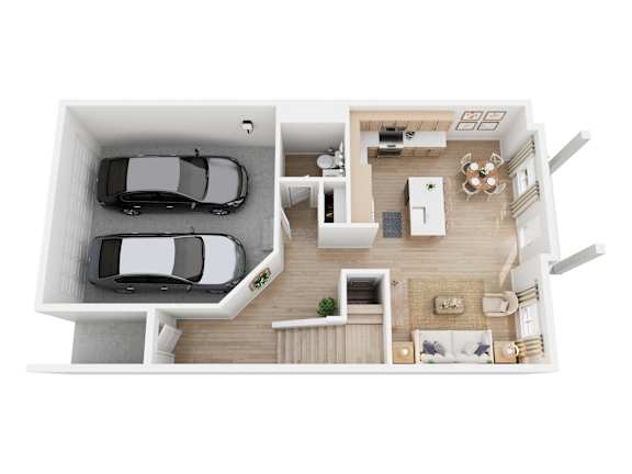 A top-down view of a house interior with two cars in the garage.