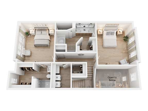 A 3D floor plan of a house with labeled rooms.