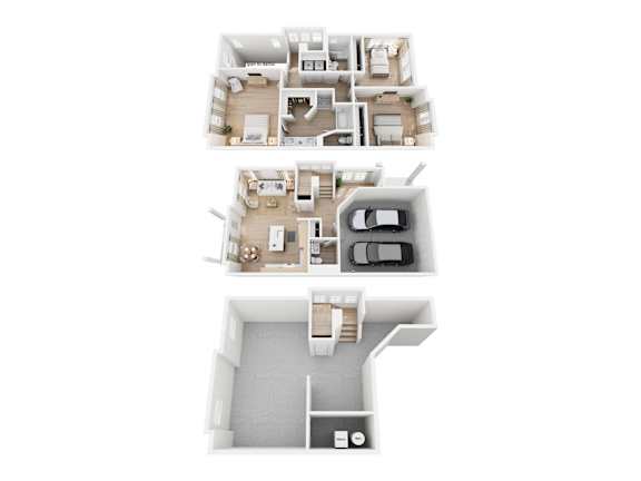 A floor plan of a two-story apartment with a garage.