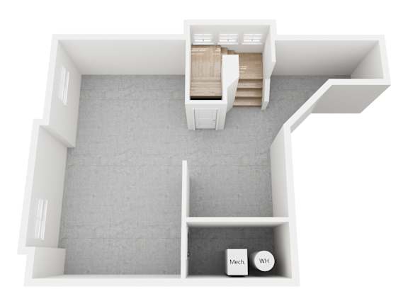 A top down view of a room with a staircase, a shelf, and a bench.