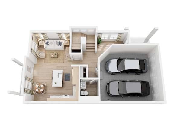 A top-down view of a modern house interior with a kitchen, living room, and two bedrooms.