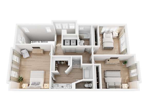 A top-down view of a two-bedroom apartment layout.