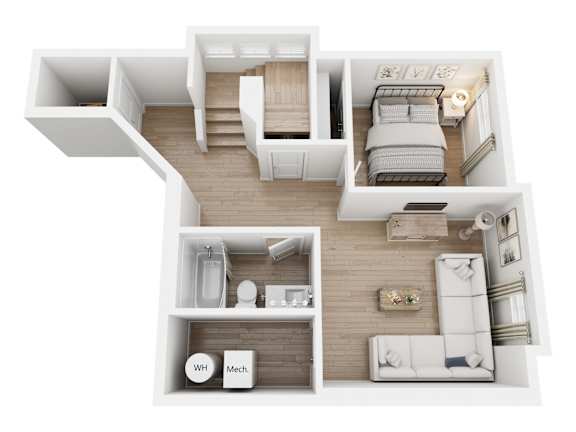 A top down view of a small apartment with a bedroom, living room, and bathroom.