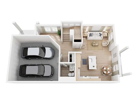 A top-down view of a modern house with two cars parked in the driveway.