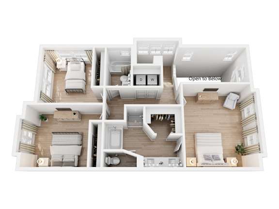 A 3D floor plan of a house showing the layout of the rooms.