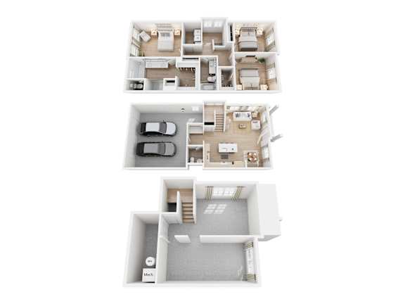 A floor plan of a three-bedroom apartment with a garage.
