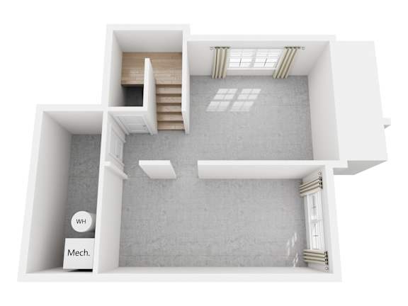 A white room with a staircase and a window.