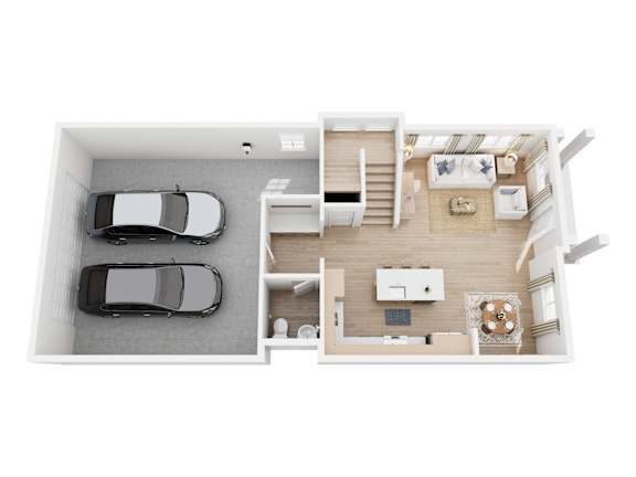 A top down view of a car garage with two cars parked inside.