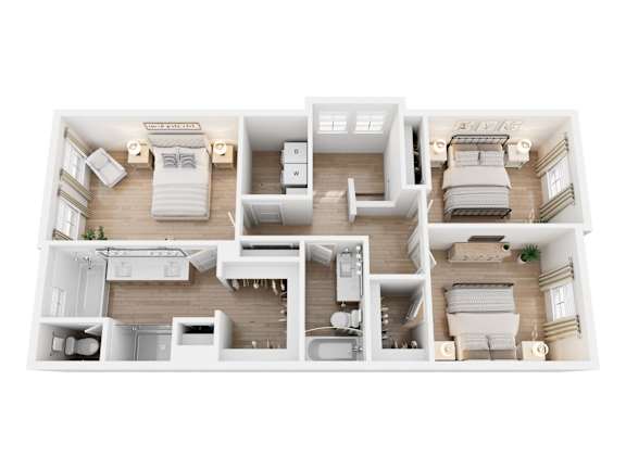 A 3D floor plan of a house with labeled rooms.