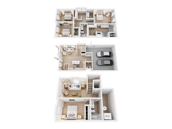 Three floor plans of a house with a garage on the bottom floor.