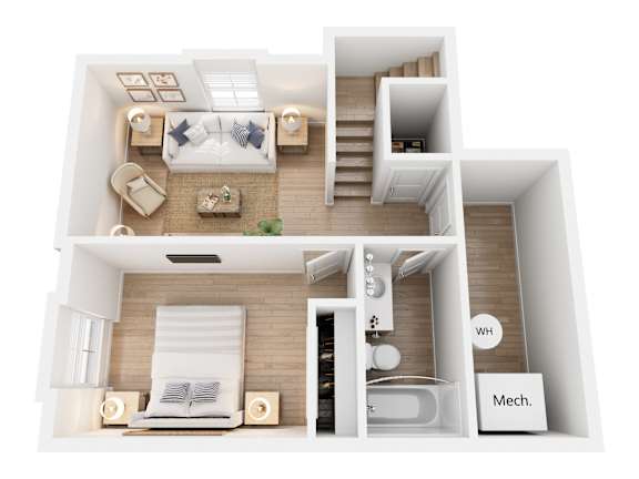 A 3D floor plan of a small apartment with a living room, kitchen, and bathroom.