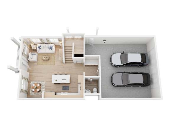 A top view of a house interior with a kitchen, living room, and two cars parked in the garage.