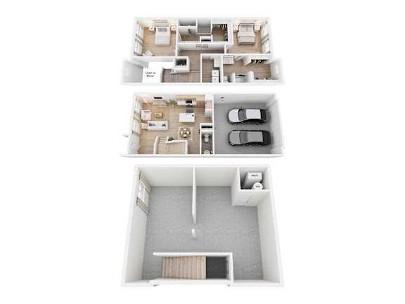 A top-down view of a two-story apartment with a living room, kitchen, and bedrooms.