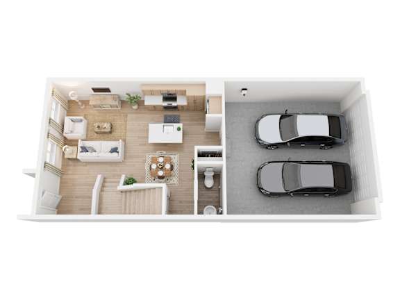 A top-down view of a small apartment with a kitchen, living room, and bedroom.