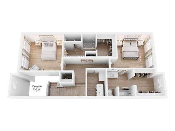 A white floor plan of a house with two bedrooms and two bathrooms.