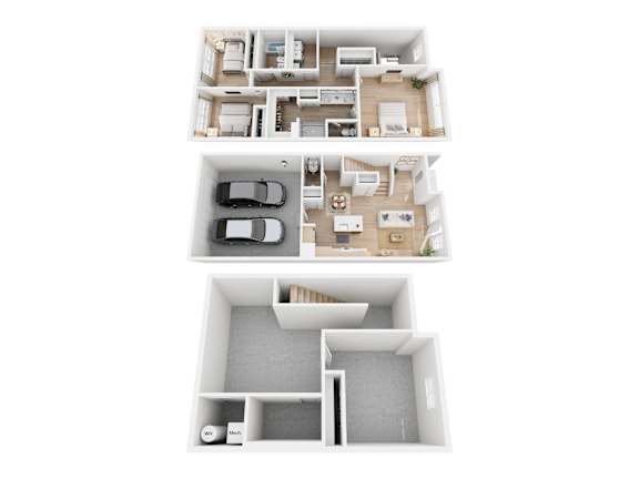 A 3D floor plan of a house with a garage and a separate entrance.