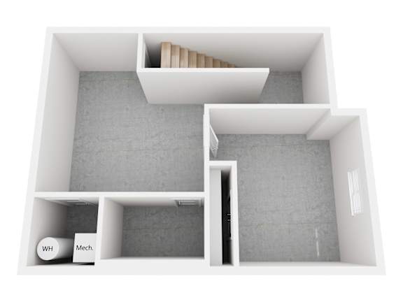 A white room with a staircase and a door.