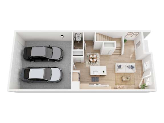 A top-down view of a house with a kitchen, living room, and two cars parked in the garage.