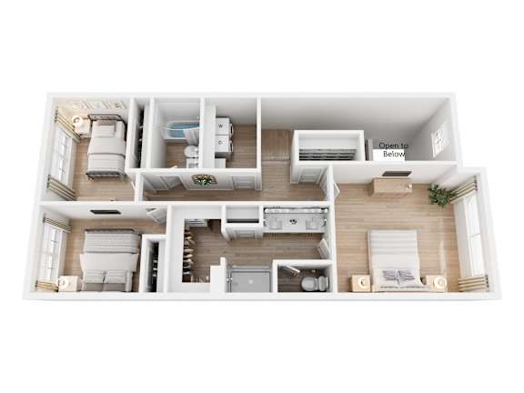 A 3D floor plan of a house with labeled rooms.
