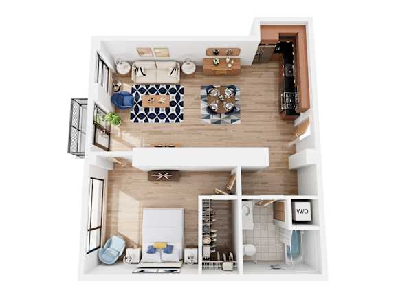 Floor Plan  A top down view of a modern bedroom with a bed, a couch, a rug, a potted plant, and a shelf with a bottle of wine.