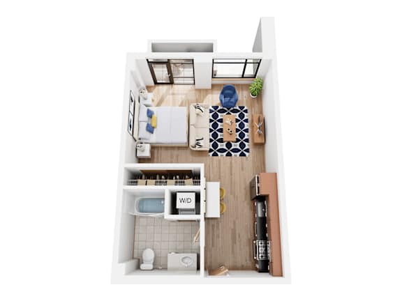 Floor Plan  A top down view of a small apartment with a kitchen, living room and bathroom.