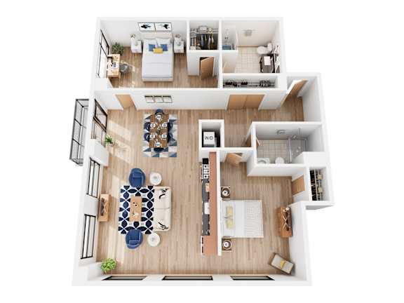 A top down view of a modern apartment with a living room, dining area, kitchen, and bedrooms.