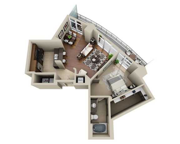Floor Plan  A 3D floor plan of a house with a kitchen, living room, and dining area.