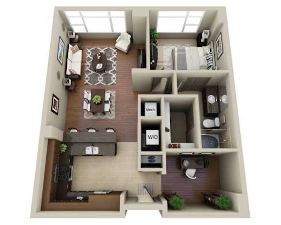 A 3D floor plan of a house with a living room, dining room, kitchen, and two bedrooms.