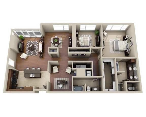 Floor Plan  A top-down view of a two-story apartment layout with various rooms and furniture.