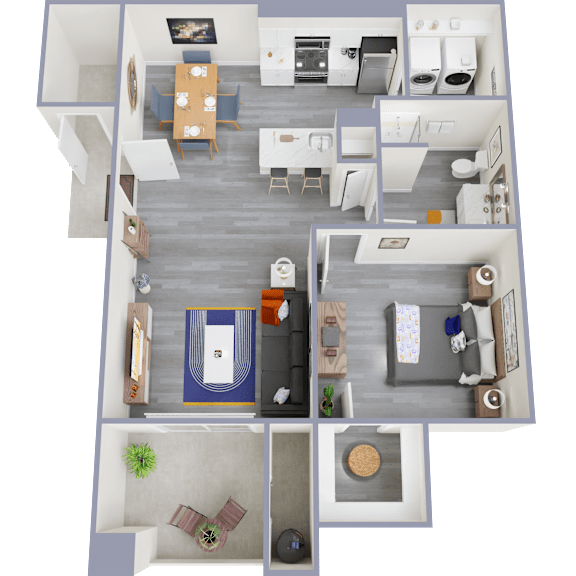 A top-down view of a modern apartment layout with a kitchen, living room, dining area, and bedrooms.