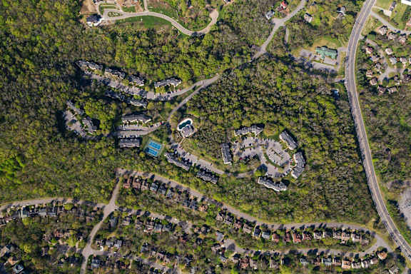 A satellite image of a residential area with houses surrounded by trees.