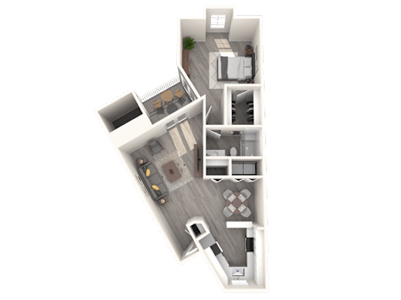 A 3D floor plan of a house with a garage and a living room.