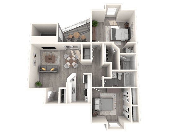 A 3D floor plan of a house with a kitchen, living room, and bathroom.