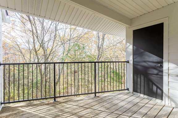 A balcony with a black railing and a wooden floor.