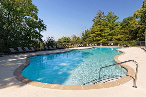 A swimming pool surrounded by trees and lounge chairs.