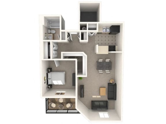 a stylized floor plan with a bedroom and a living room