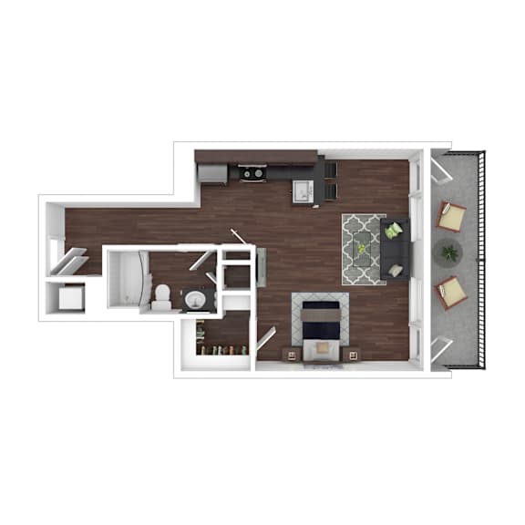 A floor plan of a house with a kitchen, living room, and bathroom.