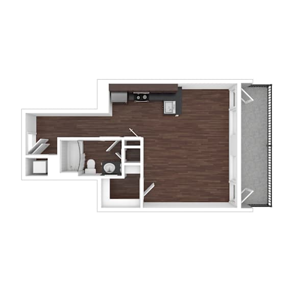A floor plan of a room with a kitchen, living room, and bathroom.